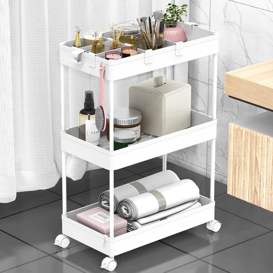 SPACELEAD 3 Tier Rolling Cart with Wheels, Storage Craft Art Trolley Organizer Serving, 3 Hanging Baskets Easy Assembly, for Office, BathroomLiving Room, Kitchen, White