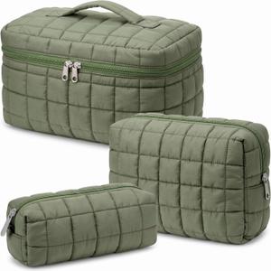 Huhumy 3 Pcs Large Puffy Makeup Bag Set Quilted Cosmetic Pouch for Women Cute Checkered Travel Toiletry Bag Puffer Makeup Organizer Purse Pouch Preppy Pencil Case with Zipper Valentine Gift(Green)