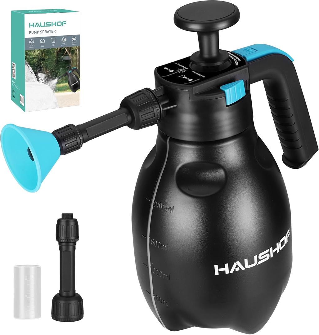 HAUSHOF Hand Pump Sprayer 1/2 Gallon, Pressure Garden Spray Bottle for Plants, Weeds, Flowers, Foam Sprayer Car Detailing with 2 Adjustable Nozzles, Lawn Watering & Outdoor Cleaning, 2L