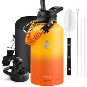 Insulated Water Bottle 64 oz, Triple Wall Vacuum Stainless Steel (Cold for 48 Hrs), Leak Proof & Non-BPA, Half Gallon Water Flask Jug with Paracord Handle & Straw Spout Lids, Ombre Orange