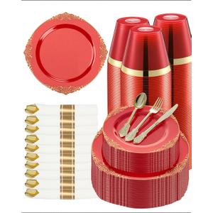 Goodluck 350 Piece Red Dinnerware Set for 50 Guests, Fancy Disposable Plates, Include: 100 Red Rim Plastic Plates, 150 Silverwares, 50 Pre Rolled Napkins, 50 Cups for Party, Wedding