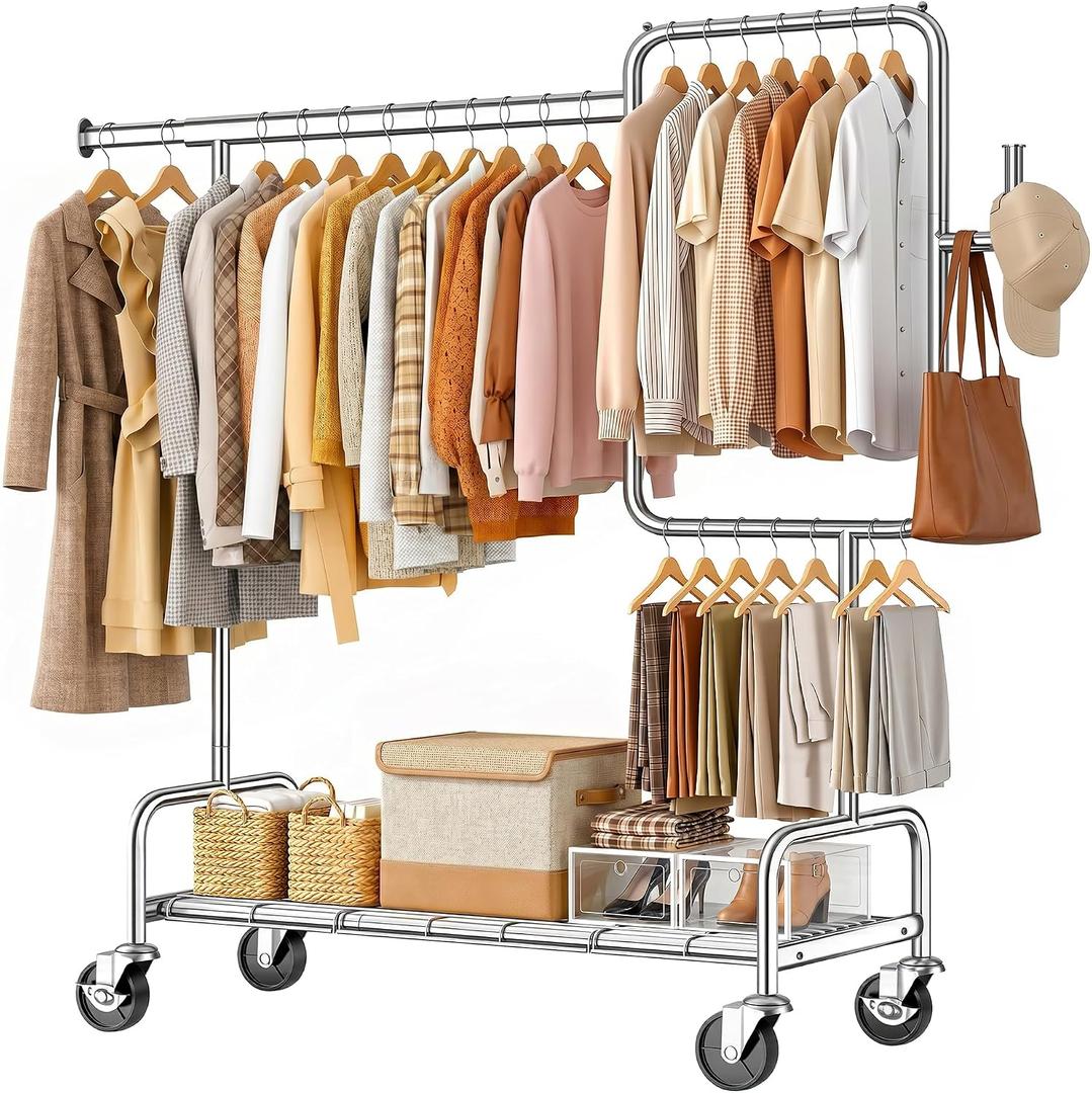 SOLEDI Heavy Duty Partitioned Clothes Rack, 600 LBS Load Metal Garment Rack with Shelves & Lockable Wheels, Rolling Hanging Rack for Bedroom, Laundry Room, Store & Garage (Silver)
