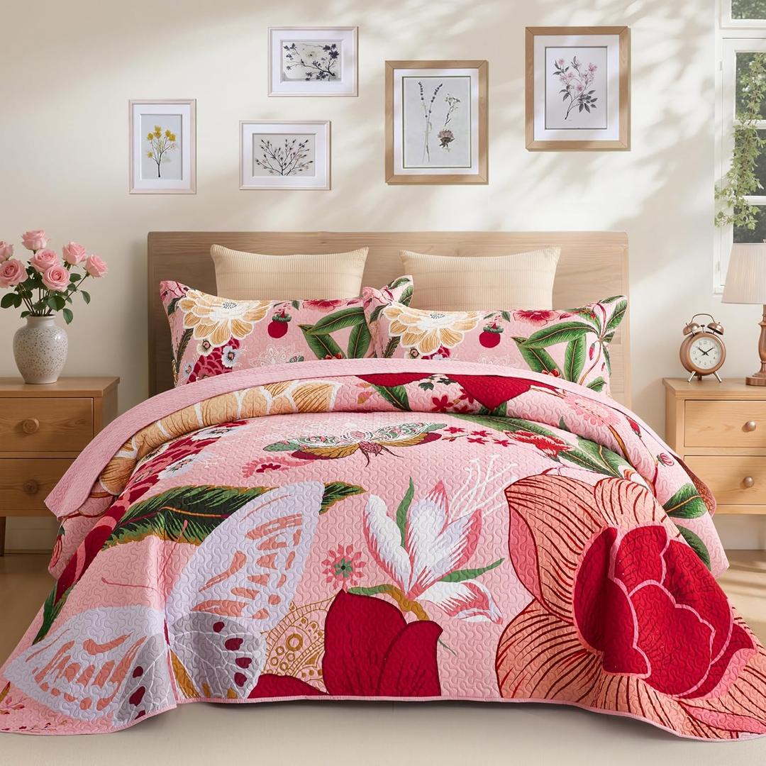Tyrot 3 Piece Pink Boho Floral Full/Queen Quilt Sets Farmhouse Botanical Reversible Lightweight Bedspread with 2 Shams Butterfly Microfiber Bedding Quilts Set for All Season, 90''x96''