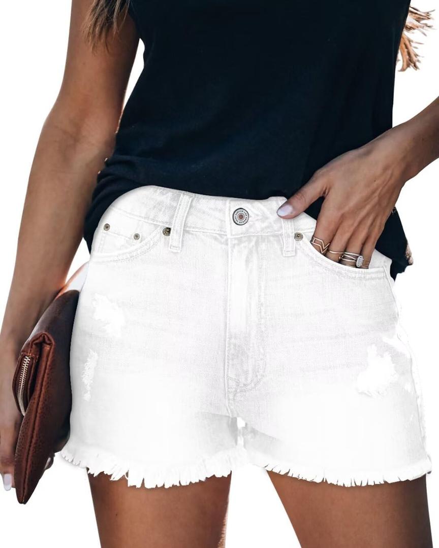 ZOLUCKY Women's Casual Summer Denim Shorts Mid Waisted Stretchy Ripped Jean Shorts with Pockets (Medium, C3 White)
