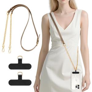 Dadanism Universal Phone Lanyard, Adjustable Cellphone Crossbody Strap for iPhone 16, 15 and Most Smartphones, Anti-Theft Metal Phone Chain for Women Girls Party Traveling Shopping, Dark Khaki & Gold