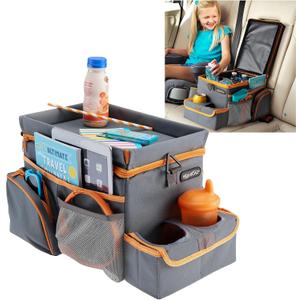 High Road CarHop Car Organizer for Kids and Passenger Seat Organizer for Adults - Road Trip Cooler with Car Cup Holder Tray and 6 Organization and Storage Pockets (Gray)