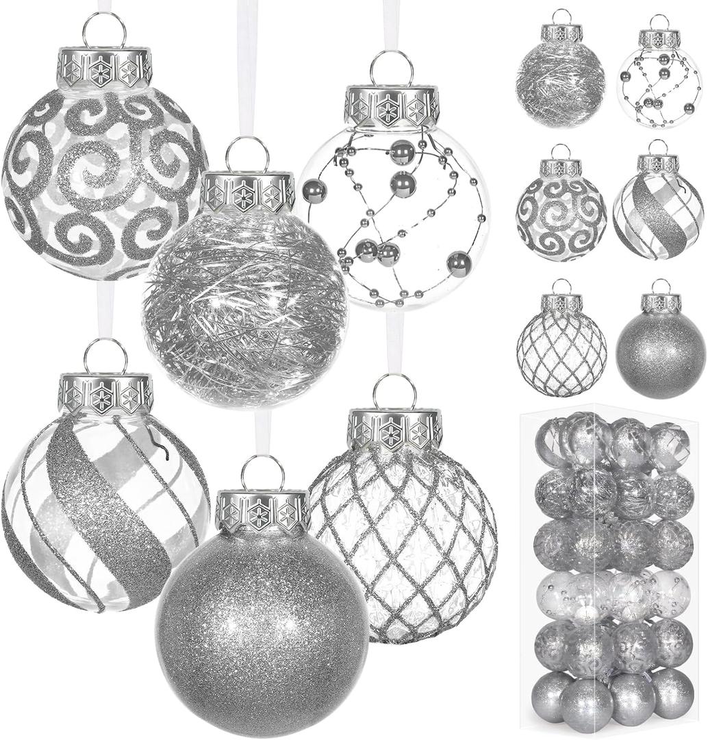 Ouddy Decor 36 Pcs Clear Christmas Ball Ornaments, 2.36" Shatterproof Silver Plastic Christmas Ornaments Set Decorative Hanging Transparent Baubles for Xmas Tree Holiday Party Decor, Silver