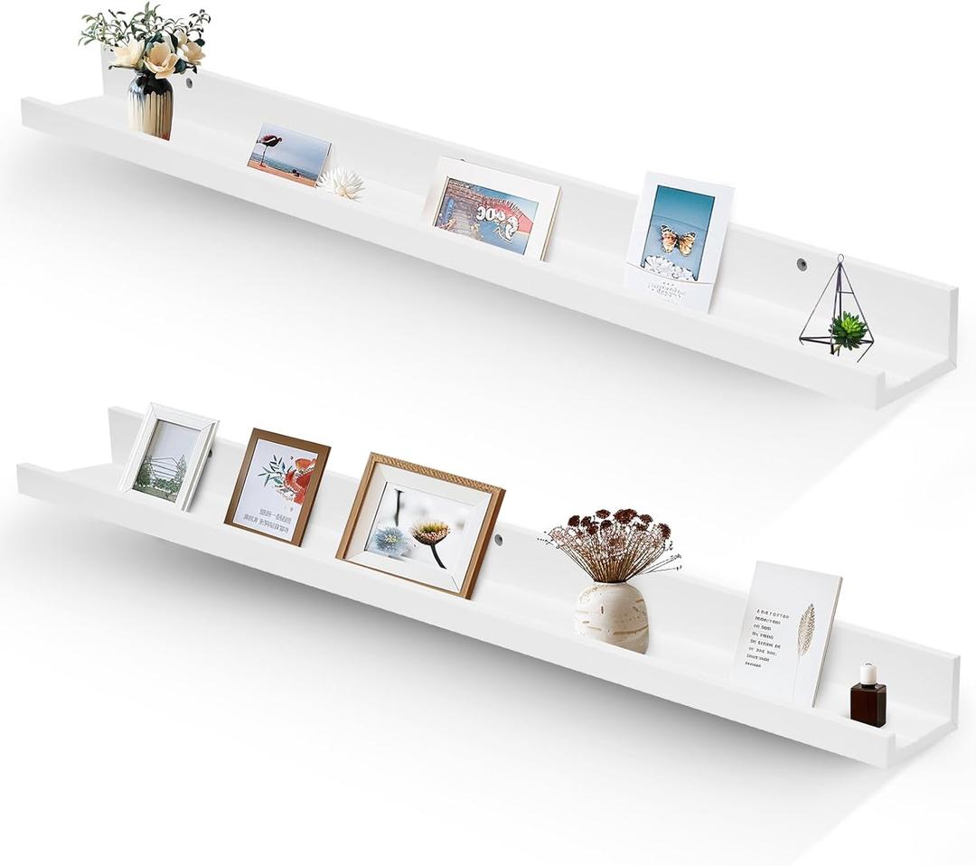 Muzilife 45.3" Large Floating Wall Ledge Shelves with Lip - Set of 2 Wood Floating Shelves - White Wall Mounted Picture Ledge for Office, Bathroom, Bedroom, Living Room, Kitchen