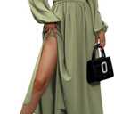 Women's Cocktail Holiday Spring Wedding Guest Dresses Deep V Neck Long Sleeve Split Polyester Caramel Formal Casual (Medium, Light Green)