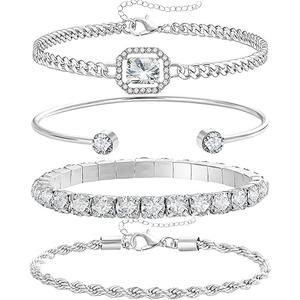 4 Pcs Dainty Gold Silver Bracelets Set for Women 14K Plated Link Cubic Zirconia Paperclip Stake Layering Chain Adjustable Trendy Hand Jewelry