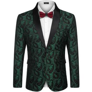 COOFANDY Mens Floral Tuxedo Jacket Paisley Shawl Lapel Suit Blazer Jacket for Dinner,Prom,Wedding (XS, Christmas Green)