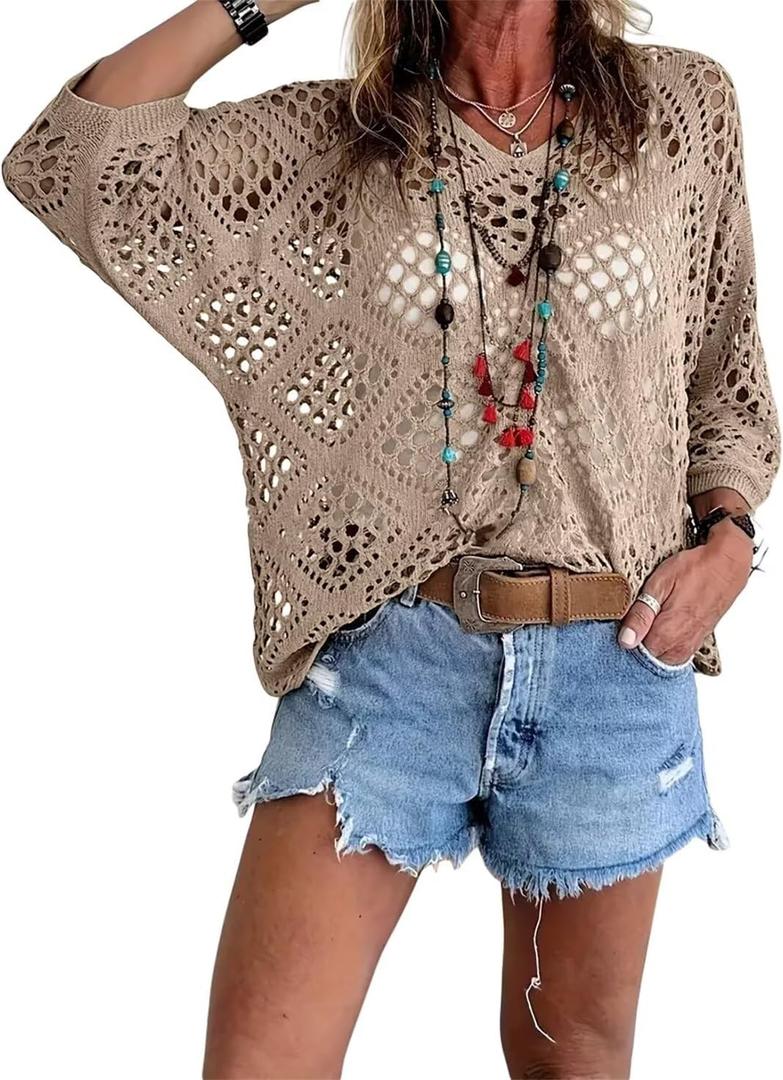 Allimy Womens Summer Tops Crochet Coverups Long Sleeve Sexy Sweaters Beach Cover ups Resort Wear Cruise Vacation Outfits for Women 2026 V Neck Boho Clothes Khaki, Medium
