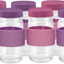 Glass Juice Shot Bottles with Caps, Clear, 2oz, Colored Lids & Silicone Grip Bands, Beverage Storage, Juicing, Ginger & Turmeric Bottles (Pink & Purple)