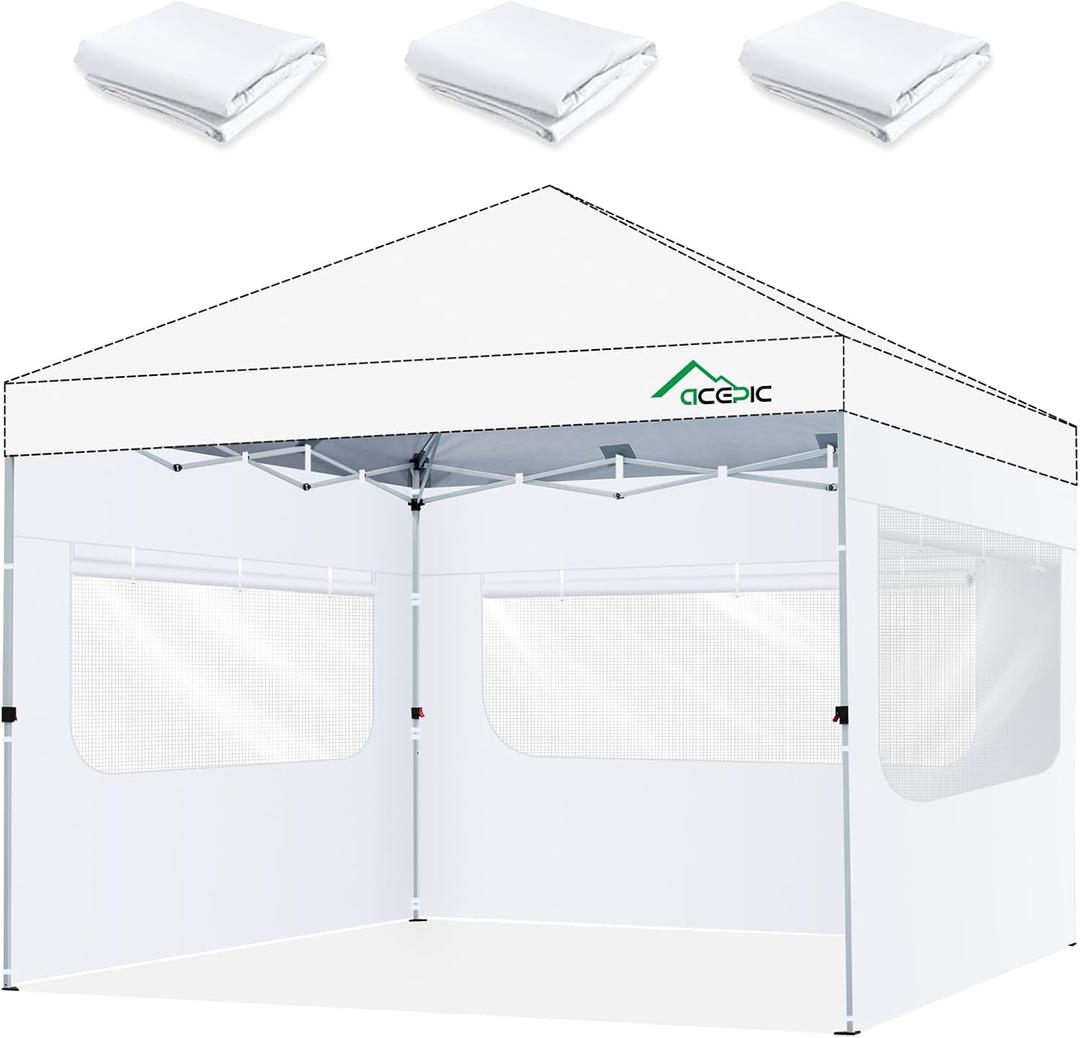 Acepic Instant Canopy SunWall for 10x10 Pop Up Canopy Frame with Mesh Window and Zipper, 99% Rainproof and UV Protection for Outdoor, Viewing the Scenery, and Ventilation (3 PCS Sidewalls Only, White)