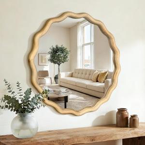 AMOISE Scalloped Round Mirror 24", Boho Wavy Wooden Frame Wall Mirror, Shatterproof Circle Accent Mirror for Bathroom, Bedroom, Entryway and Living Room