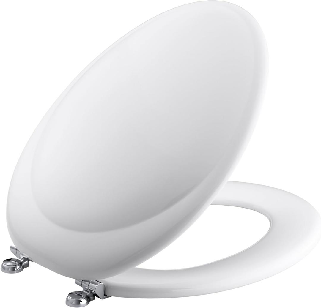 KOHLER K-4615 Revival Elongated Toilet Seat with Polished Chrome Hinges, Molded Wood, Designed for Revival Collection Toilets