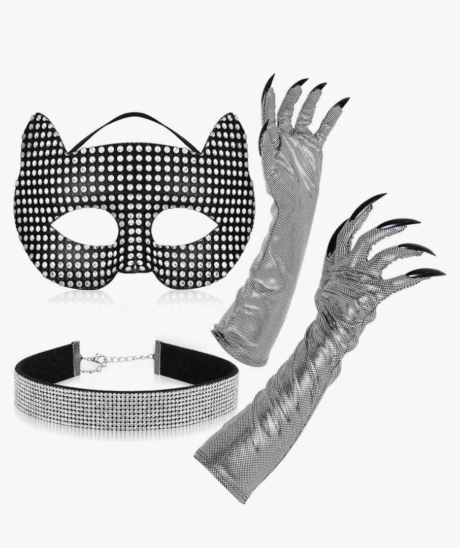 Geyoga 3 Pcs Halloween Cat Costume Accessories Women Rhinestone Glitter Cat Costume with Rhinestone Mask Choker Silver Paw Gloves with Long Fingernails for Adult Halloween Masquerade Cosplay Party, Pack of 3