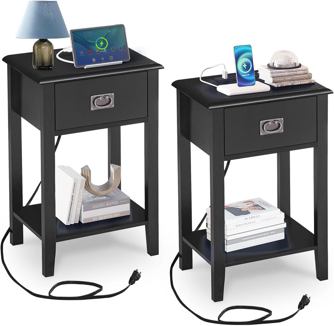 VECELO Nightstand Set of 2 with Charging Station, Vintage Solid Wood End Bedside Table with USB Ports, Storage Drawer, Open Shelf for Bedroom, Living Room, Sofa Couch, One Drawer, Black