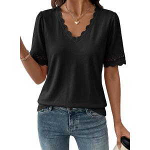 Dokotoo Womens Summer Tops Casual Short Sleeve V Neck Lace Shirts Dressy Eyelet Embroidery Blouses (Black, XL)