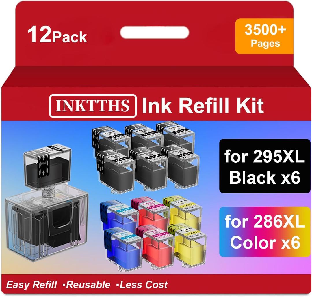 295XL 286XL Ink Refill Kit for Canon 295XL 286XL Ink Cartridges Compatible with Canon 295 286 PG-295XL CL-286XL Work with Pixma TS6520 TS4320 TR7120 (12 Pack, 6BK/2C/2M/2Y) (6 Black 2 Cyan 2 Magenta 2 Yellow)