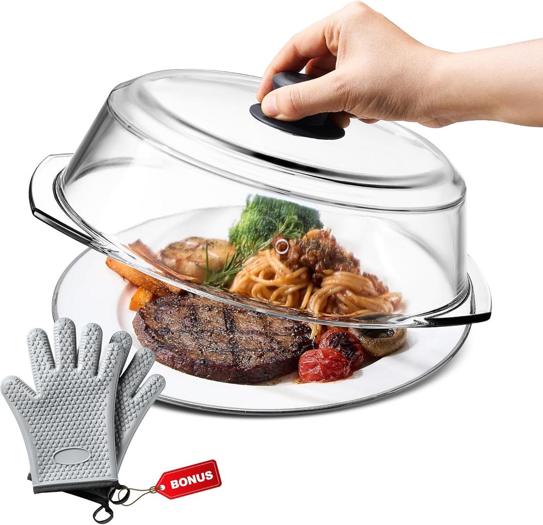 Glass Microwave Splatter Cover for Food Plates & Cookware with Oven Mitts, Borosilicate Glass Splatter Lid Guard with Vent Hole & Easy Grip Silicone Handle, 100% BPA Free & Dishwasher Safe