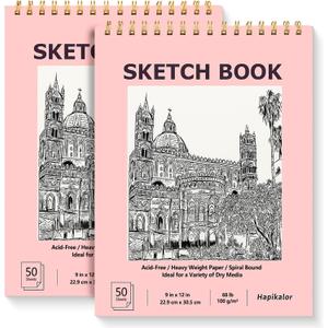 9" x 12" Sketch Book, 2-Pack 50 Sheets Spiral Bound Art Sketchbook, Acid Free Artist Drawing Book Paper, Art Supplies for Kids, Craft Activities, Sketch Paper for Drawing Coloring Sketching(Pink)