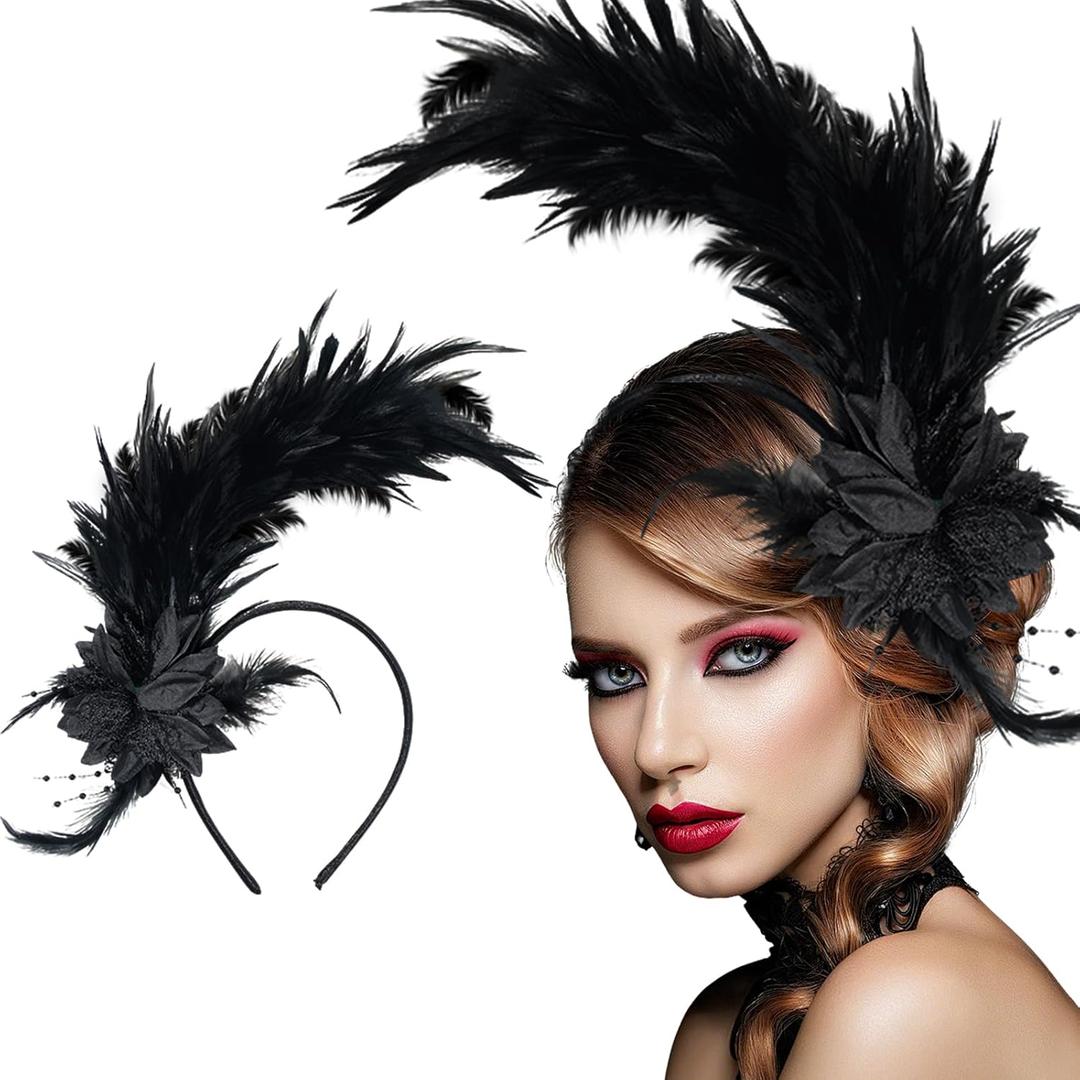 Feathers Fascinator Headband 1920s Queen Headpiece Fascinators Hats for Women Tea Party Flower Headpiece (Black)