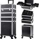 Stagiant Rolling Makeup Case Cosmetology Case on Wheels 4 in 1 Large Cosmetic Organizer Train Case Makeup Travel Case with Key Swivel Wheels Nail Artist Salon Storage Traveling Cart Trunk Black