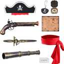 Eco-Fused 8-Piece Pirate Accessories - Cosplay Halloween Decorations - Costume Telescope, Compass, Eye Patch, Plastic Gun, Plastic Sword, Hat, Belt, Map