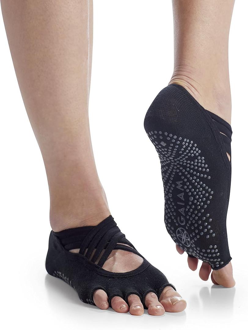 Gaiam Grippy Studio Yoga Socks, Non-Slip, Open-Toe, One Size (Black)