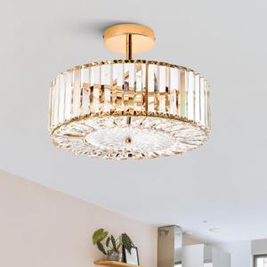 VONLUCE Crystal Light Fixture, Modern Semi Flush Mount Ceiling Light, 15" Round 4-Light Crystal Chandelier Hallway Lighting for Kitchen Bedroom Living Room Dining Room Entryway Closet, Gold