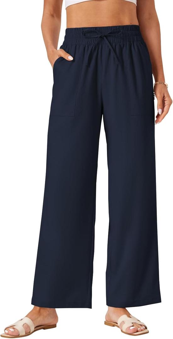 Wide Leg Linen Pants Women Palazzo Flowy Beach Casual Loose Drawstring Boho Summer Pants 2025 with Pockets (Large, Navy Blue)