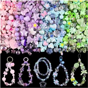 Assorted 180-240PCS Acrylic Beads for Bracelet Making, Flower Bow Butterfly Candy GummyBear Aesthetic Bracelet Charms,Cute Beads for Jewelry Making DIY Necklace Keychain Phone Charm (4 COLOR SERIES-PINK+PURPLE+BLUE+GREEN)