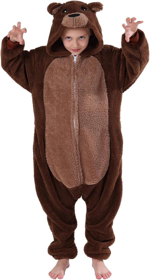 SWEETXIN Unise Kids Jumpsuit Cosplay Onesie One Piece Suit for Girls Boys Halloween Character Costume Dress Up Party (8 Years,Coffee Bear)