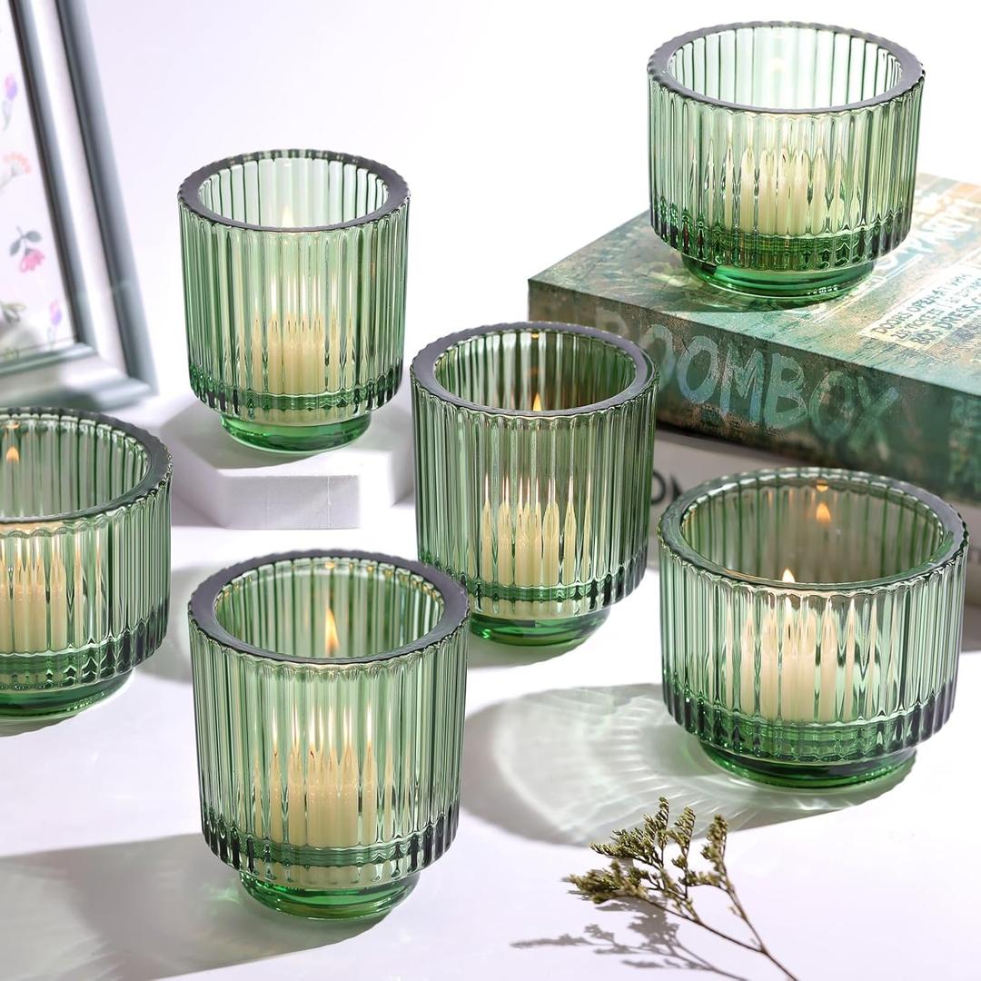 6Pcs Assorted Green Votive Candle Holders for Wedding Centerpieces, Vintage Ribbed Tealight Candle Holder for Home Table Decor, Large Glass Candle Holder for Christmas Decor, Bridal Shower, Green