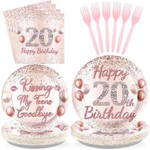 Grencian 96 Pcs 20th Birthday Party Supplies for Girls Rose Gold 20 Years Old Paper Plates and Napkins Tableware Set 20th Birthday Decorations for Girls Twenty Years Old Party Serves 24