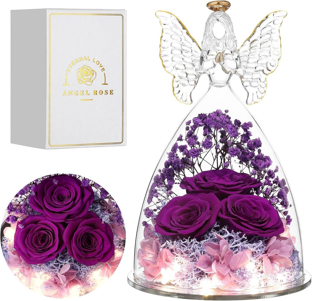 Ocosy Mothers Day Rose Gifts for her, Large Angel Rose Gifts for Women, Forever Real Roses in Angel Figurines, Angel Guardian with Roses Flower, Purple