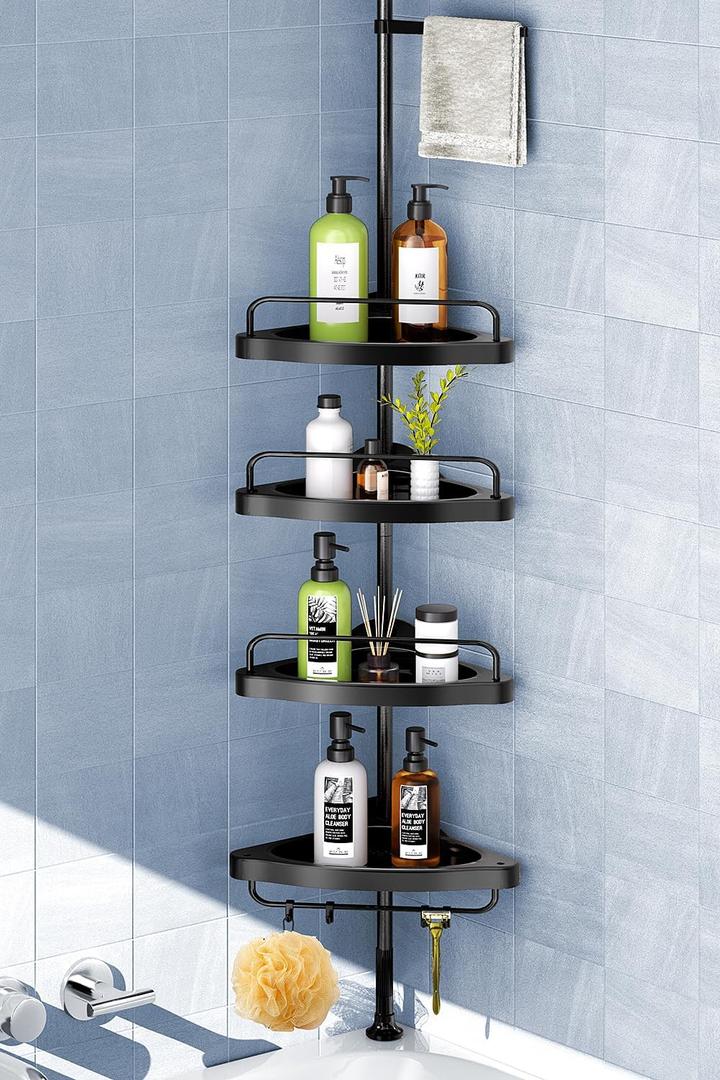 HAMITOR Corner Shower Caddy Tension Pole: Adjustable Stainless Steel Shower Organizer 4 Tier Shelf for Bathroom Bathtub Shampoo -Floor Standing Rack Bath Storage Holder with Rust Proof Rods - Black (B-black)