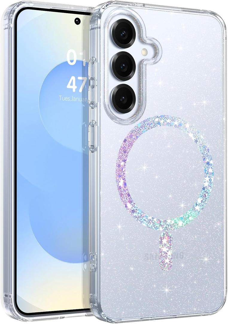 BENTOBEN Compatible with Samsung Galaxy S25 Case 6.2", Magnetic Clear Crystal Glitter Galaxy S25 Phone Case Compatible with Magsafe, Cute Sparkly Protective Case for Women Girl, Clear/Glitter