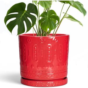 10 Inch Plant Pot, Ceramic Pots for Plants for Indoor Outdoor Plants, Round Planter with Drainage Hole and Tray, Boho Decorative Flower Pots, Front Porch Decor, Gifts for Plant Lovers, Red
