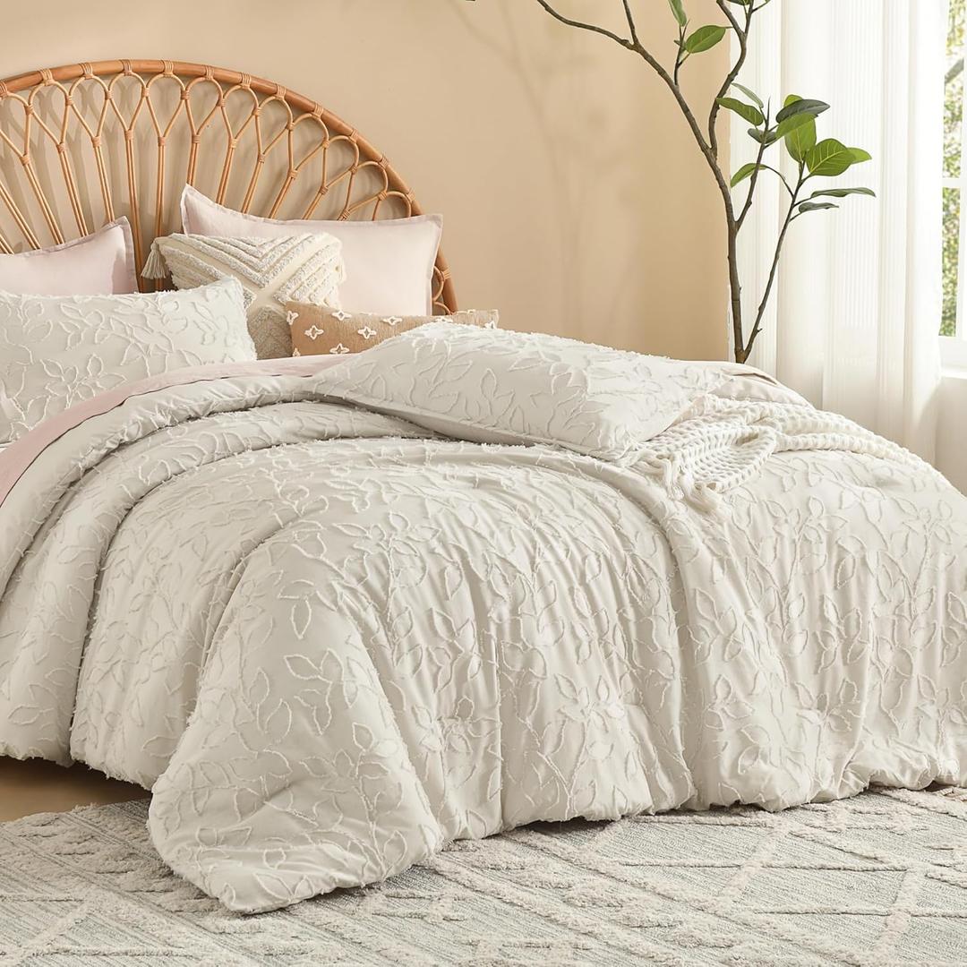 Litanika King Size Comforter Set Beige, 3 Piece Cream Boho Tufted Bedding, Fluffy Farmhouse Bed Set for All Season with 2 Leaf Pattern Pillowcases104x90In
