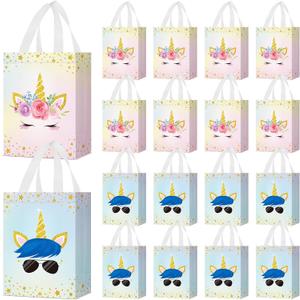 Locmeo 24 Pcs Unicorn Party Favor Bags with Handles Reusable Non Woven Unicorn Goodie Bags Pink Blue Candy Treat Gift Bag for Girl Boy Birthday Unicorn Party Supplies, 8 x 4 x 10 Inch
