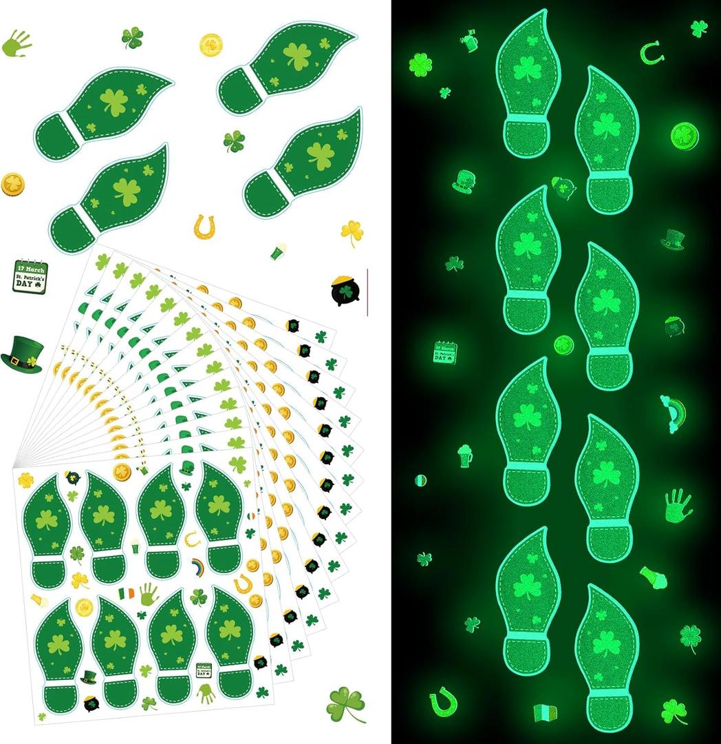 Gueevin 630 Pcs St Patricks Day Leprechaun Footprints Stickers Wall Decor 15 Sheet Leprechaun Footprints Clings Glow in The Dark Irish Festival Party Trap Decorations for Home Classroom Floor