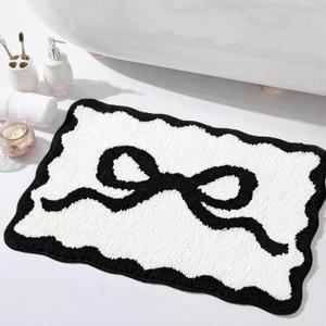 Tinideya Black Bow Bathroom Rug 16" x 24" Scalloped Bow Bath Mat Non Slip Cute Coquette Aesthetic Carpet Preppy Room Decor Microfiber Absorbent Mat for Mother's Day Bathtub Shower Bedroom Gift