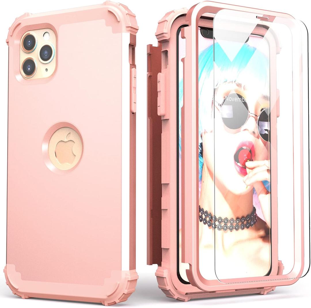 IDweel for iPhone 11 Pro Max Case with Tempered Glass Screen Protector, Hybrid 3 in 1 Shockproof Slim Fit Heavy Duty Protection Hard PC Cover Soft Silicone Bumper Full Body Case, Rose Gold