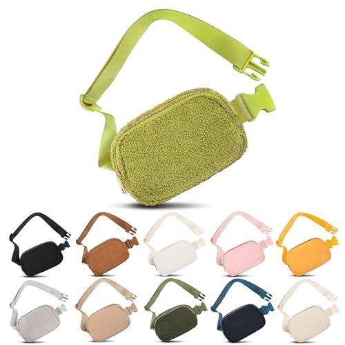 Frenou Fleece Belt Bag with Adjustable Strap for Women and Men Crossbody Fanny Bag Bum Bag, Waist Pack for Hiking Workout Sports Travel Grass Green Pack of 2
