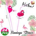 Taiyin Coconut Cups with Flamingo Straws Hawaiian Luau Party Decorations Pink Straws and Coconut Shaped Tiki Cups for Kids and Adults Luau Hawaiian Birthday Beach Pool Party(24 Pcs)