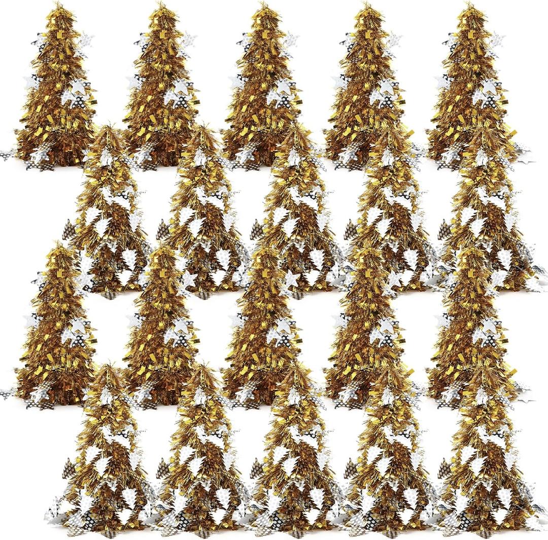 Libima 20 Pcs 10 Inch Mini Tinsel Christmas Tree Artificial Sequins Tabletop Christmas Tree Glitter Metallic Small Xmas Trees Miniature Xmas Trees for Home Office Desk Holiday Party Decor(Gold)