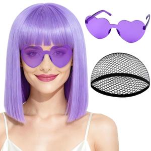 PLULON Light Purple Bob Wig with Bangs, Short Straight Bob Wig with Heart Sunglasses 12 Inch Shoulder Length Heat Resistant Synthetic Hair Cap for Women Natural Look Daily Use Cosplay Costume Party