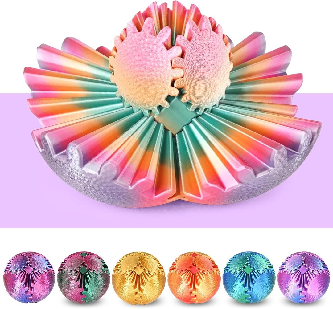 Gear Ball Fidget Toys - Steampunk Gear Sphere Stress Relief for Kids & Adults, 3D Printed Unique Funny Gift for Christmas, White Elephant, Stocking Stuffer (Candy-Colored) (Dia. 3.15")